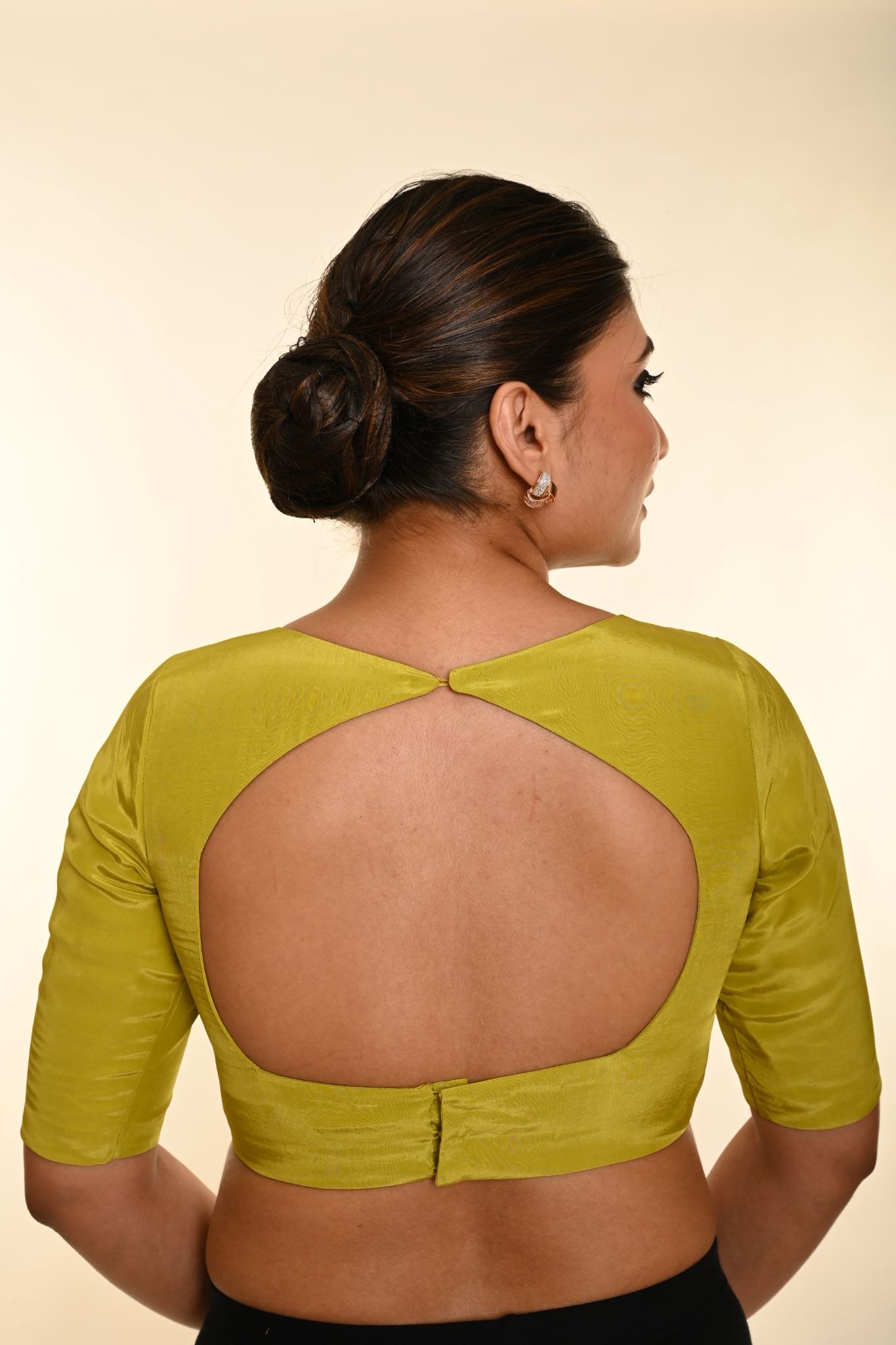 Olive Green Silk Crepe Blouse with Boatneck Neckline and Elbow Sleeve - Anvi Couture