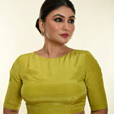 Olive Green Silk Crepe Blouse with Boatneck Neckline and Elbow Sleeve - Anvi Couture