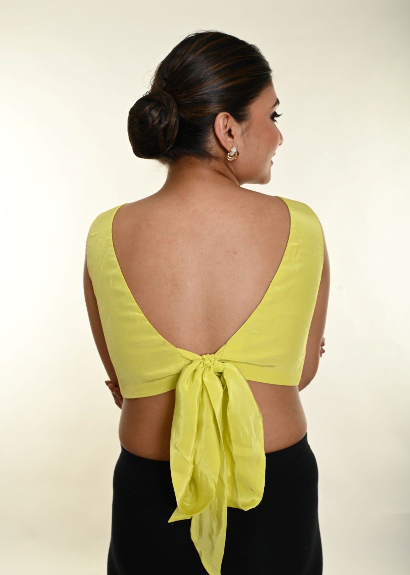 Lemon Yellow Back Bow Boatneck Satin Sleeveless Blouse - Anvi Couture