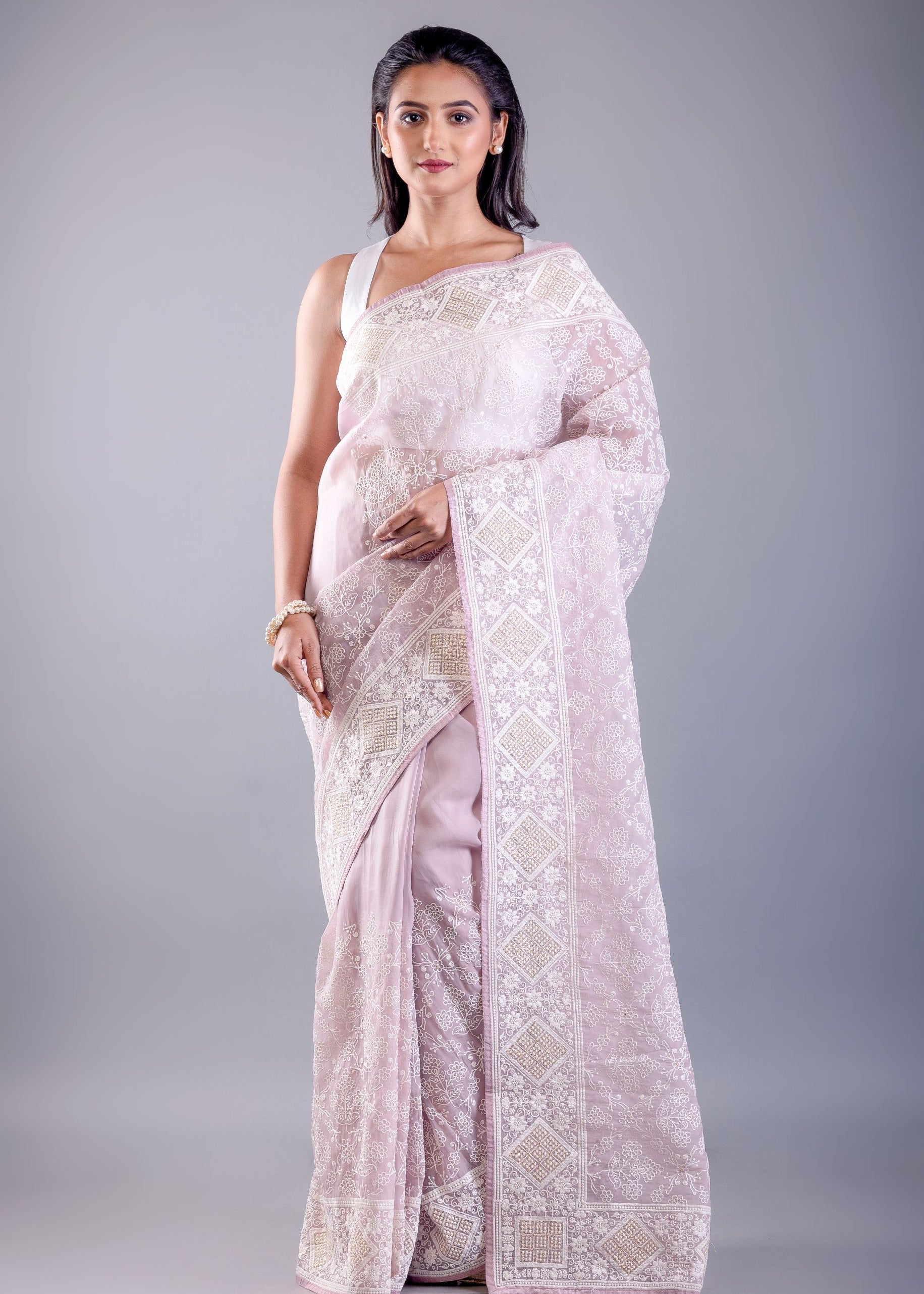 Lavender Georgette Saree with all over White Thread Embroidered Work image 1
