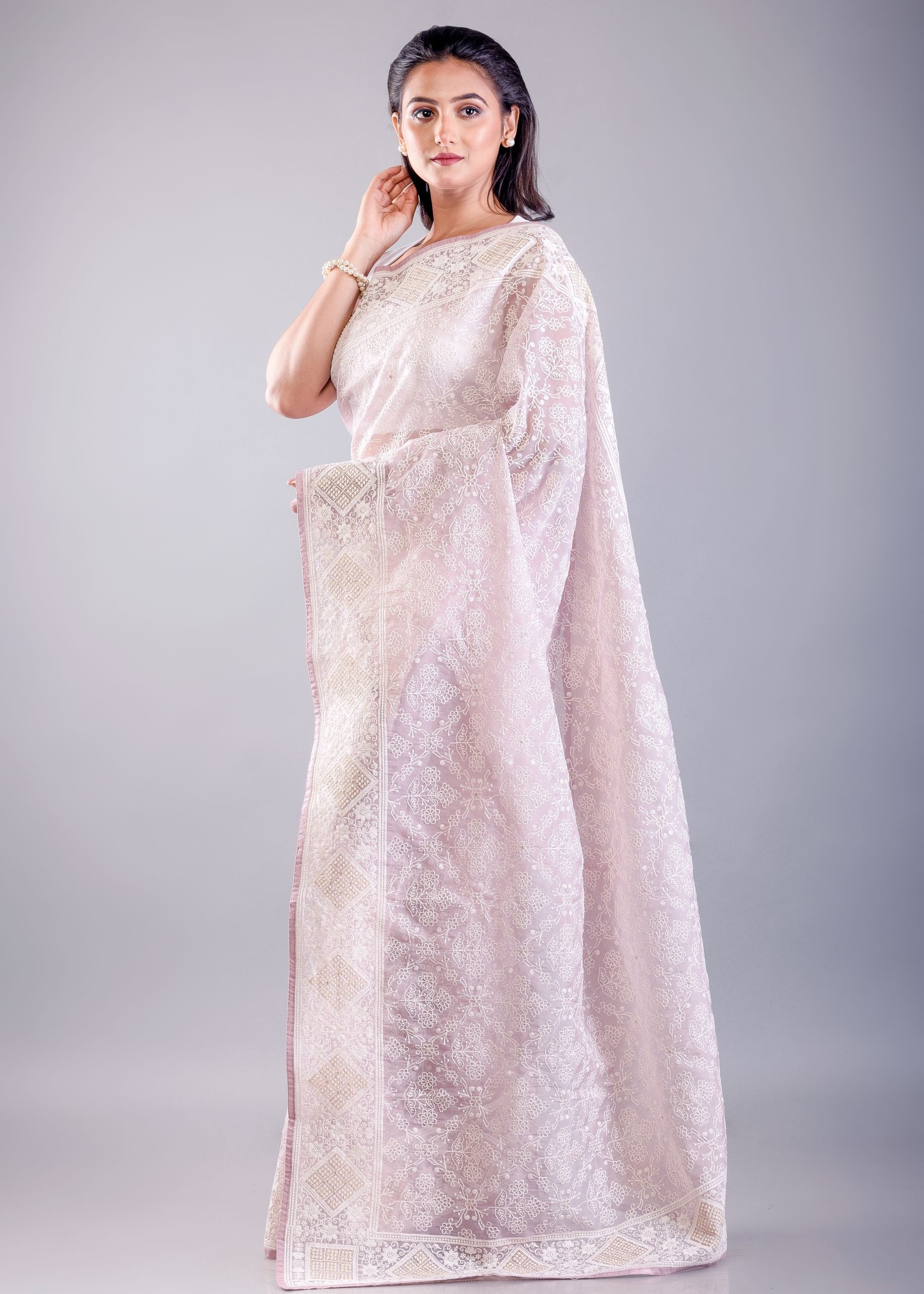 Lavender Georgette Saree with all over White Thread Embroidered Work image 2