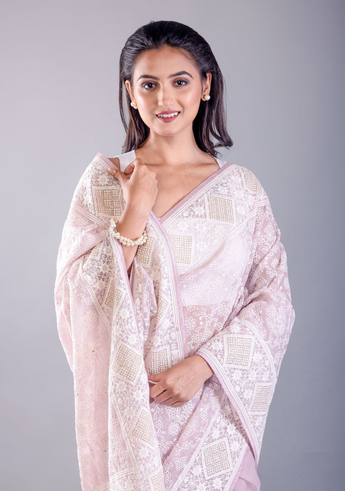Lavender Organza Saree with all over White Thread Embroidered Work - image 3