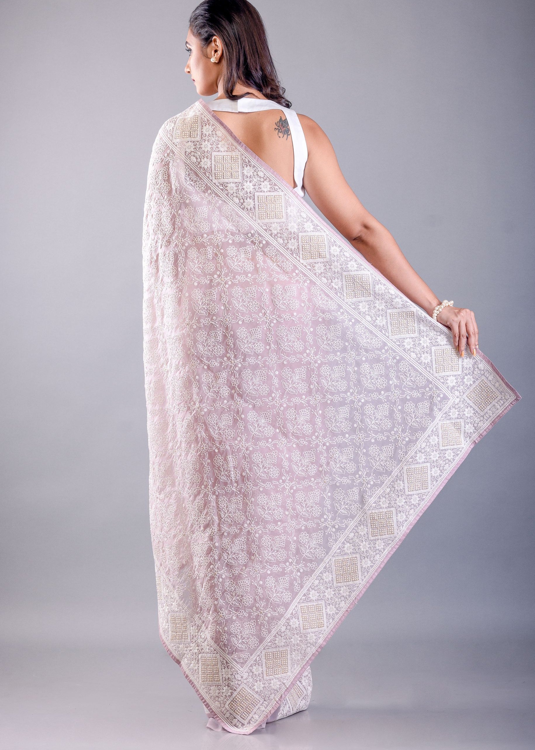Lavender Georgette Saree with all over White Thread Embroidered Work image 4