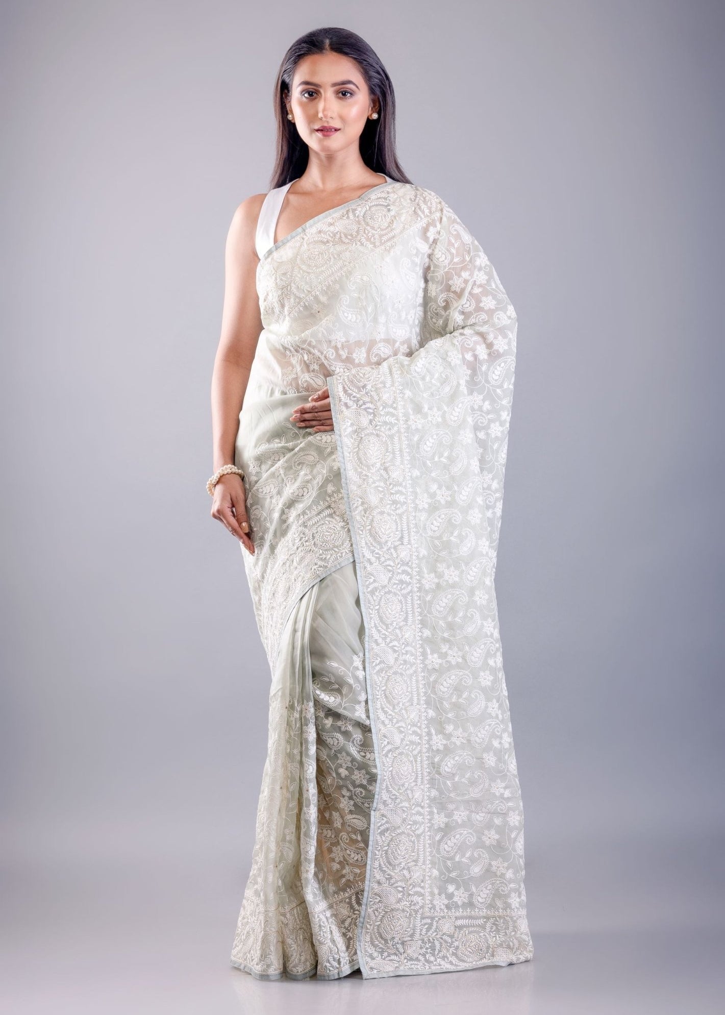 Light Green Organza Saree With All Over Thread Embroidered Work - Anvi Couture