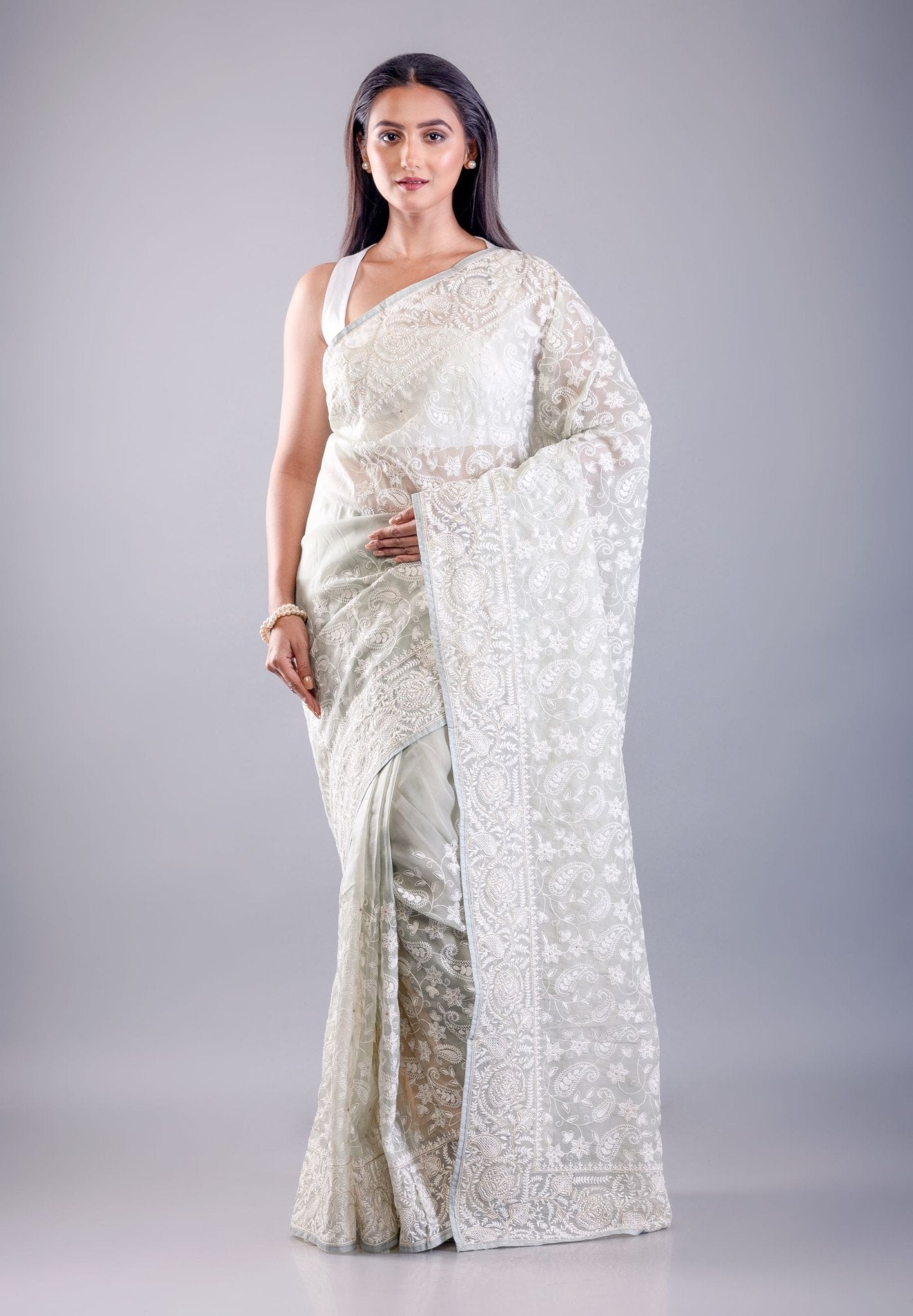 Light Green Organza Saree With All Over Thread Embroidered Work - Anvi Couture