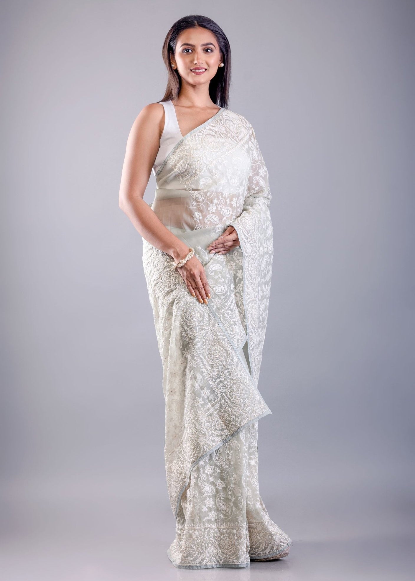 Light Green Organza Saree With All Over Thread Embroidered Work - Anvi Couture