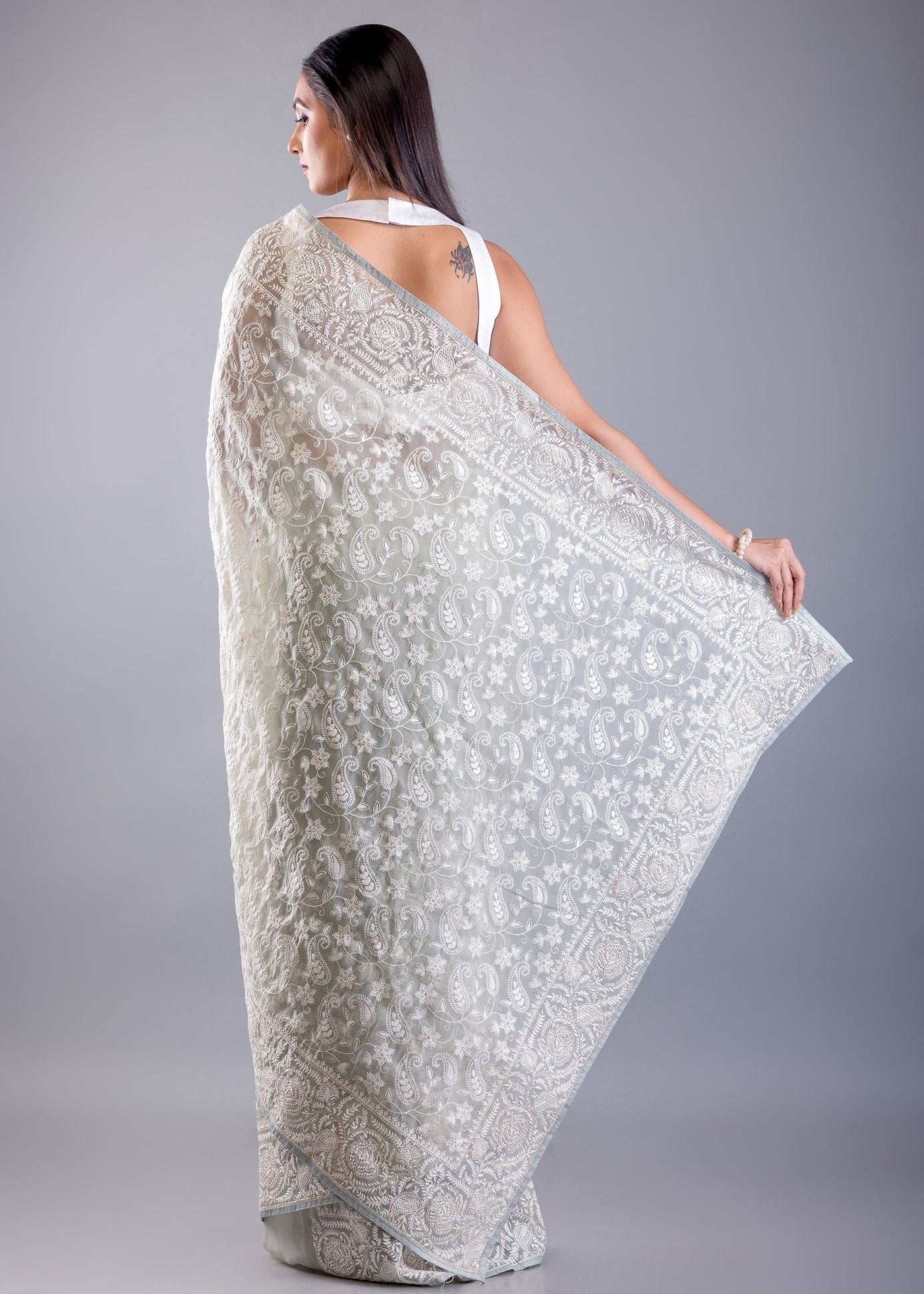 Light Green Organza Saree With All Over Thread Embroidered Work - Anvi Couture