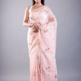 Pink saree with floral thread work with Silk Lilen Kota - Anvi Couture
