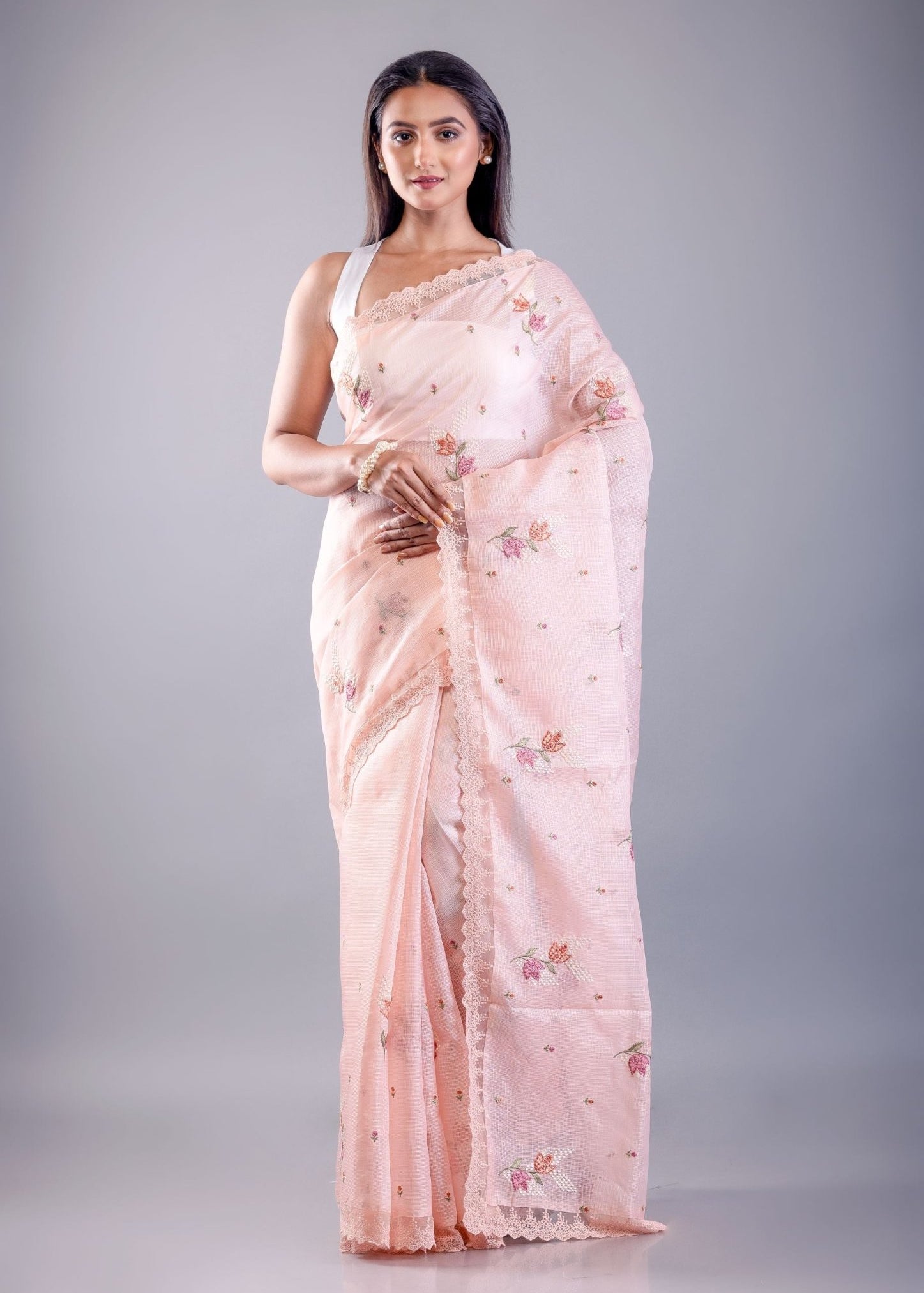 Pink saree with floral thread work with Silk Lilen Kota - Anvi Couture