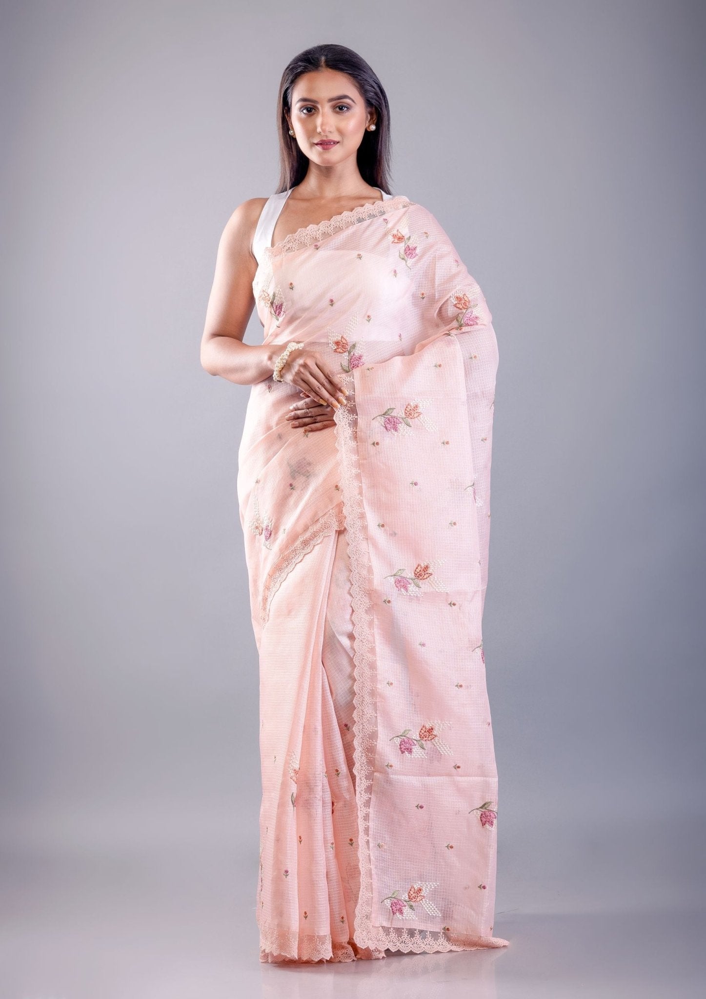 Pink saree with floral thread work with Silk Lilen Kota - Anvi Couture