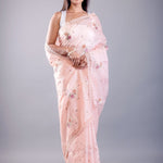 Pink saree with floral thread work with Silk Lilen Kota - Anvi Couture
