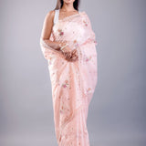 Pink saree with floral thread work with Silk Lilen Kota - Anvi Couture