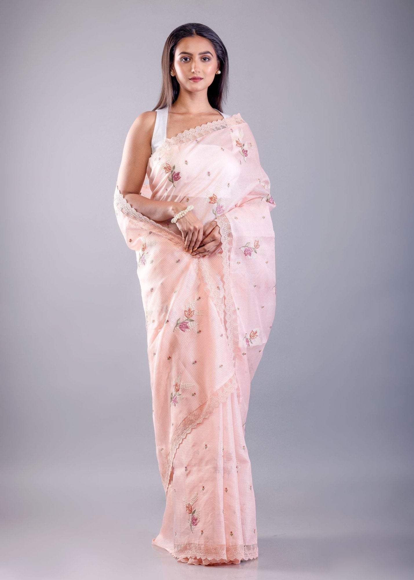 Pink saree with floral thread work with Silk Lilen Kota - Anvi Couture