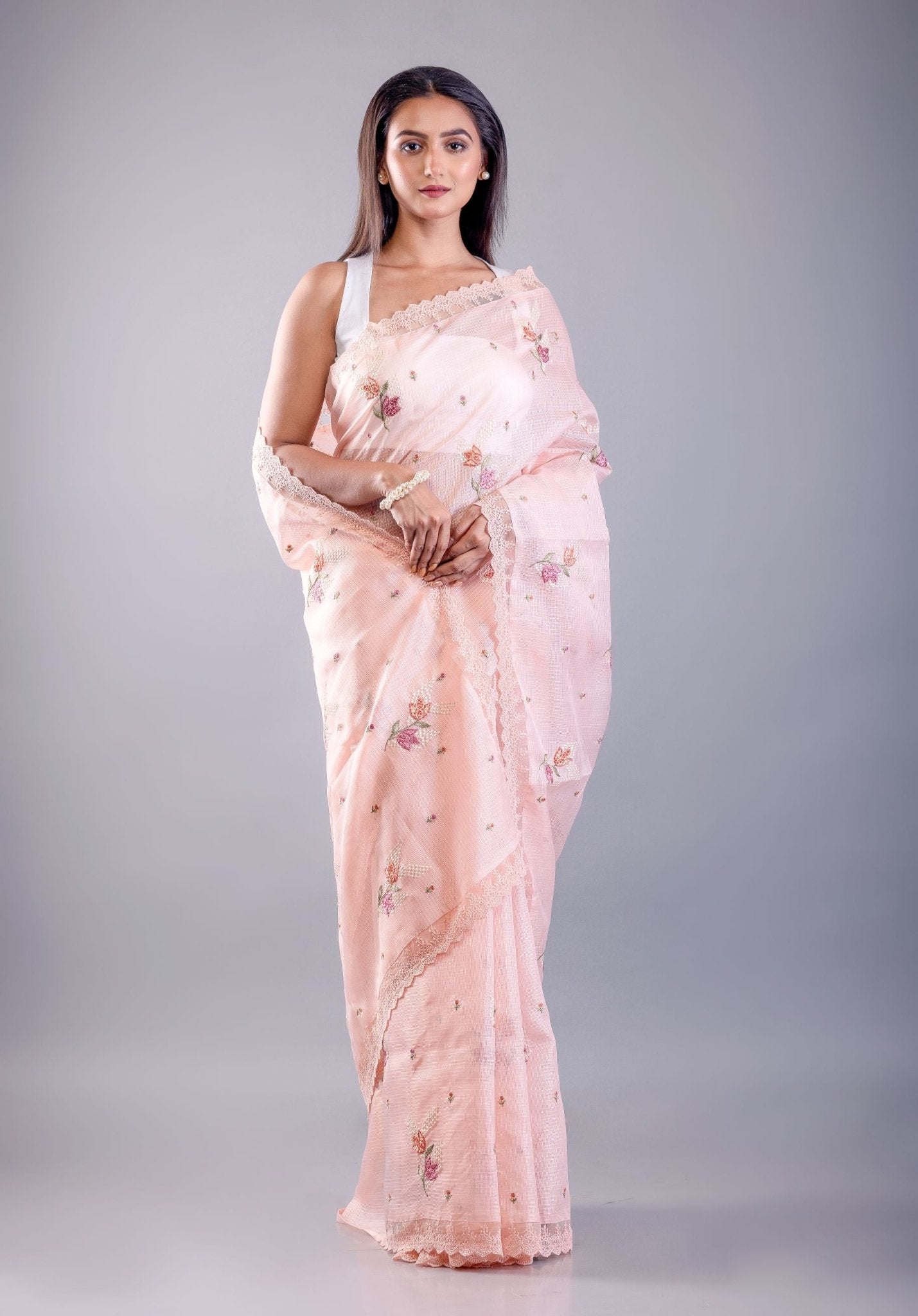 Pink saree with floral thread work with Silk Lilen Kota - Anvi Couture
