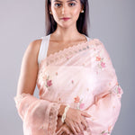 Pink saree with floral thread work with Silk Lilen Kota - Anvi Couture