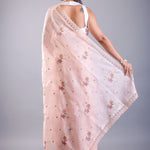 Pink saree with floral thread work with Silk Lilen Kota - Anvi Couture