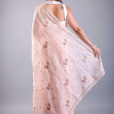 Pink saree with floral thread work with Silk Lilen Kota - Anvi Couture