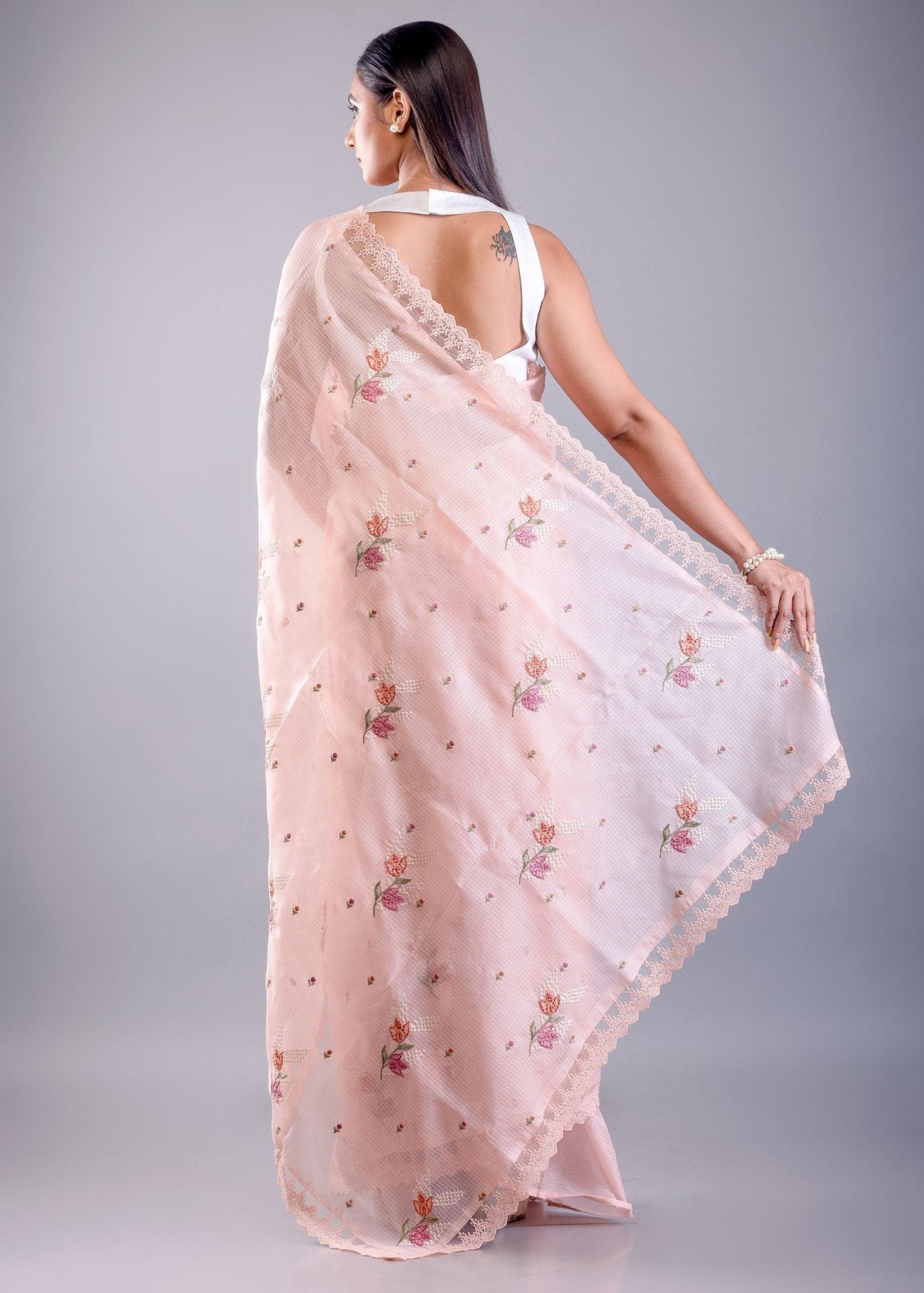 Pink saree with floral thread work with Silk Lilen Kota - Anvi Couture
