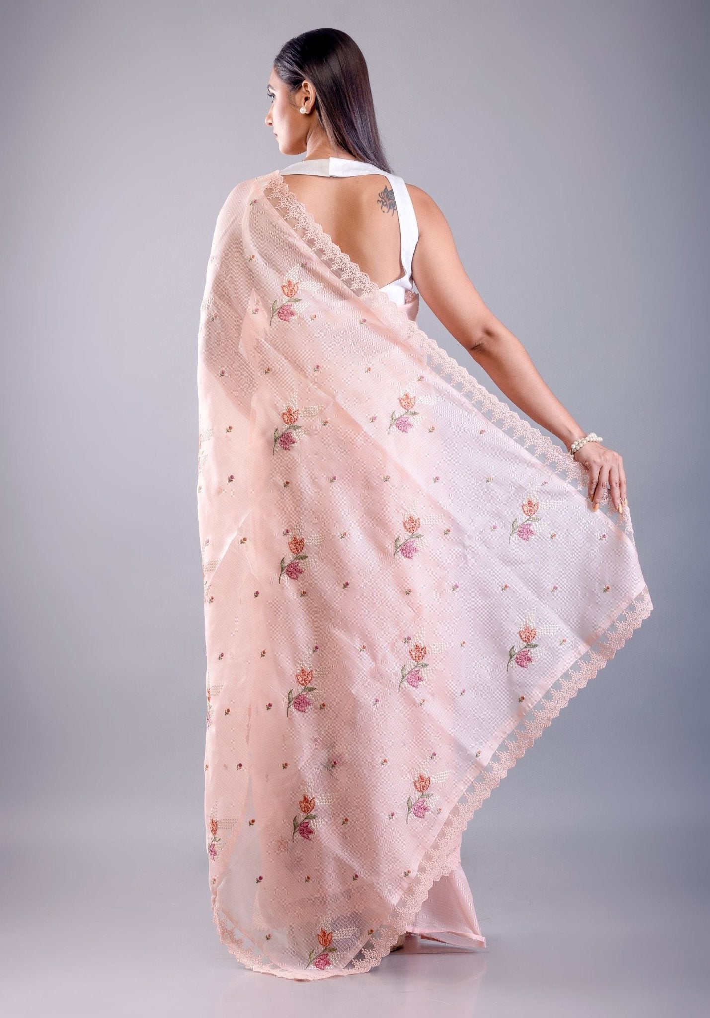 Pink saree with floral thread work with Silk Lilen Kota - Anvi Couture