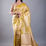 Mustard Yellow Floral Weaved Dola Silk Saree - Anvi Couture