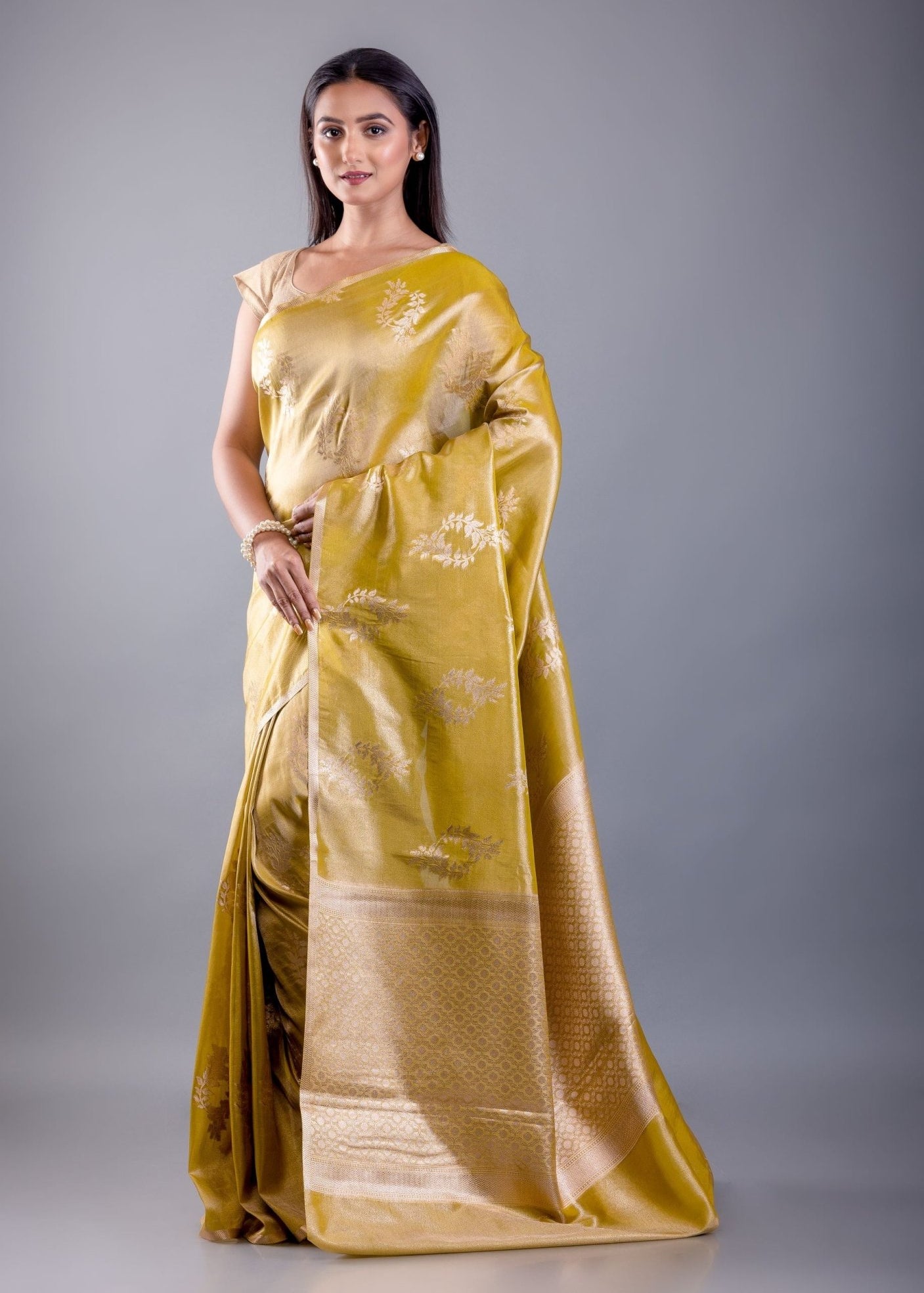 Mustard Yellow Floral Weaved Dola Silk Saree - Anvi Couture
