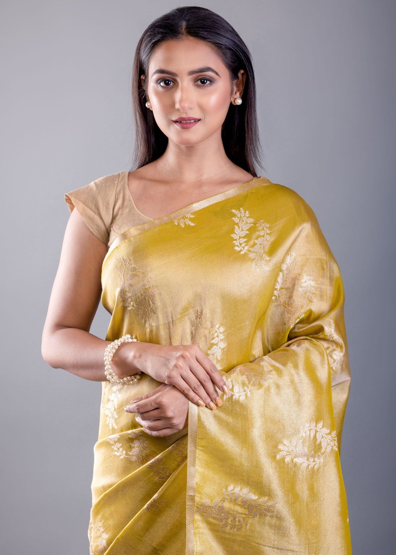 Mustard Yellow Floral Weaved Dola Silk Saree - Anvi Couture