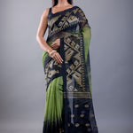 Light Green and Black Ombre Tant Jamdani with Floral Motifs - Anvi Couture