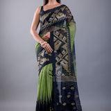 Light Green and Black Ombre Tant Jamdani with Floral Motifs - Anvi Couture