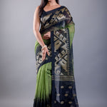 Light Green and Black Ombre Tant Jamdani with Floral Motifs - Anvi Couture