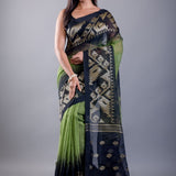 Light Green and Black Ombre Tant Jamdani with Floral Motifs - Anvi Couture