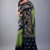 Light Green and Black Ombre Tant Jamdani with Floral Motifs - Anvi Couture