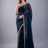 Deep Blue Satin Silk Saree with Hand Embroidered Cutdana Embellishment - Anvi Couture