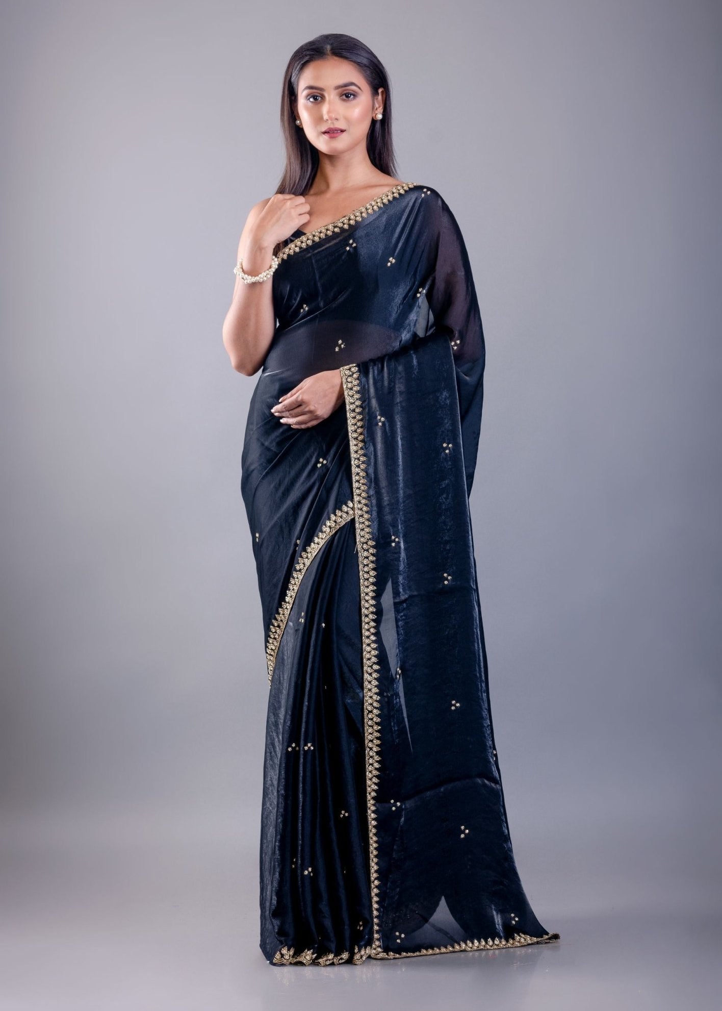 Deep Blue Satin Silk Saree with Hand Embroidered Cutdana Embellishment - Anvi Couture