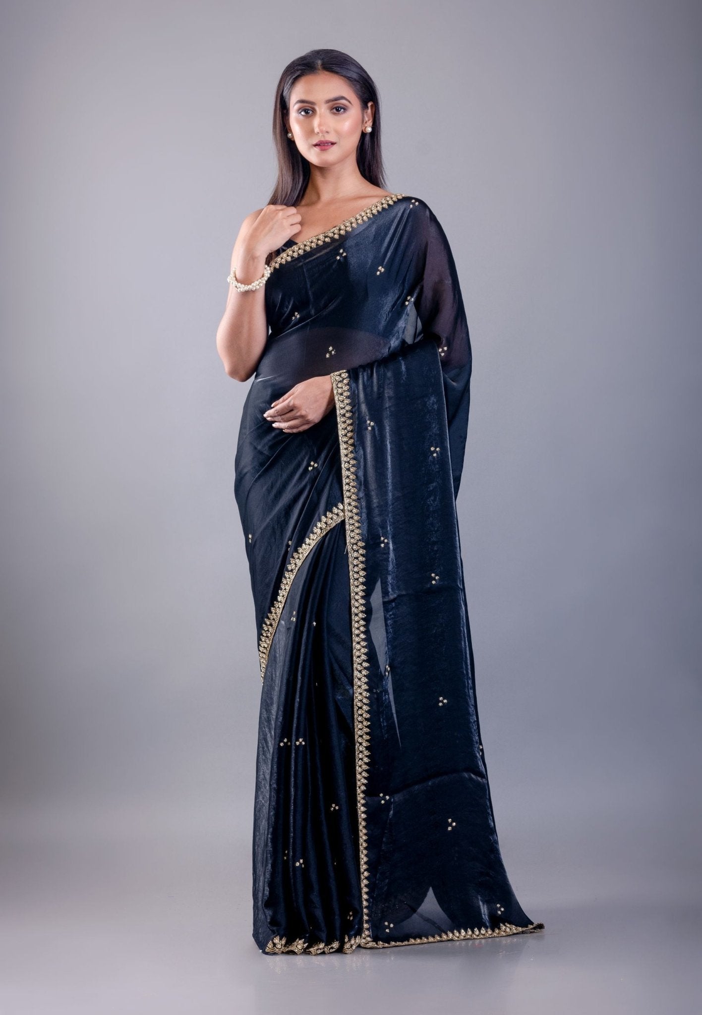 Deep Blue Satin Silk Saree with Hand Embroidered Cutdana Embellishment - Anvi Couture