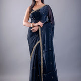 Deep Blue Satin Silk Saree with Hand Embroidered Cutdana Embellishment - Anvi Couture
