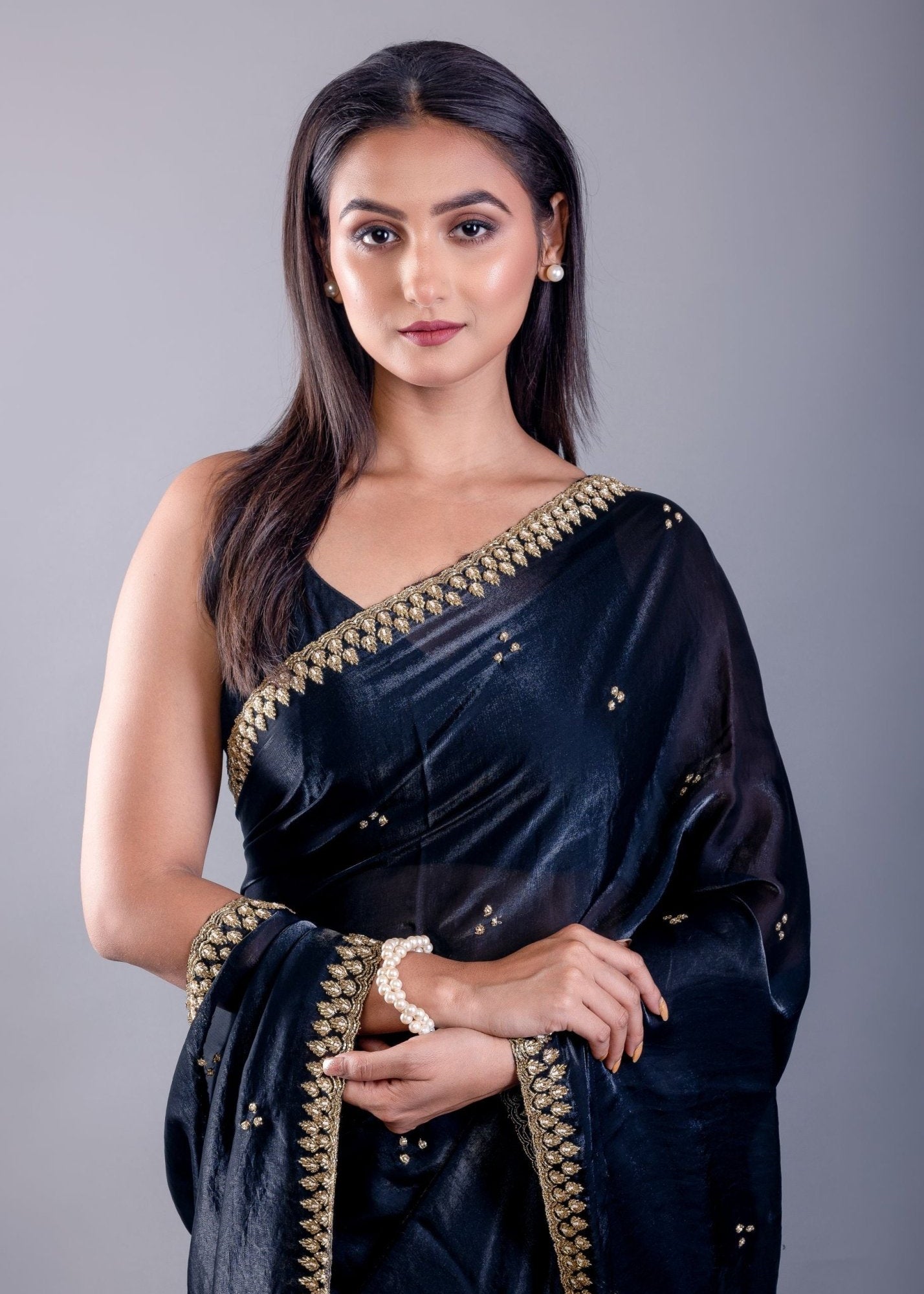 Deep Blue Satin Silk Saree with Hand Embroidered Cutdana Embellishment - Anvi Couture