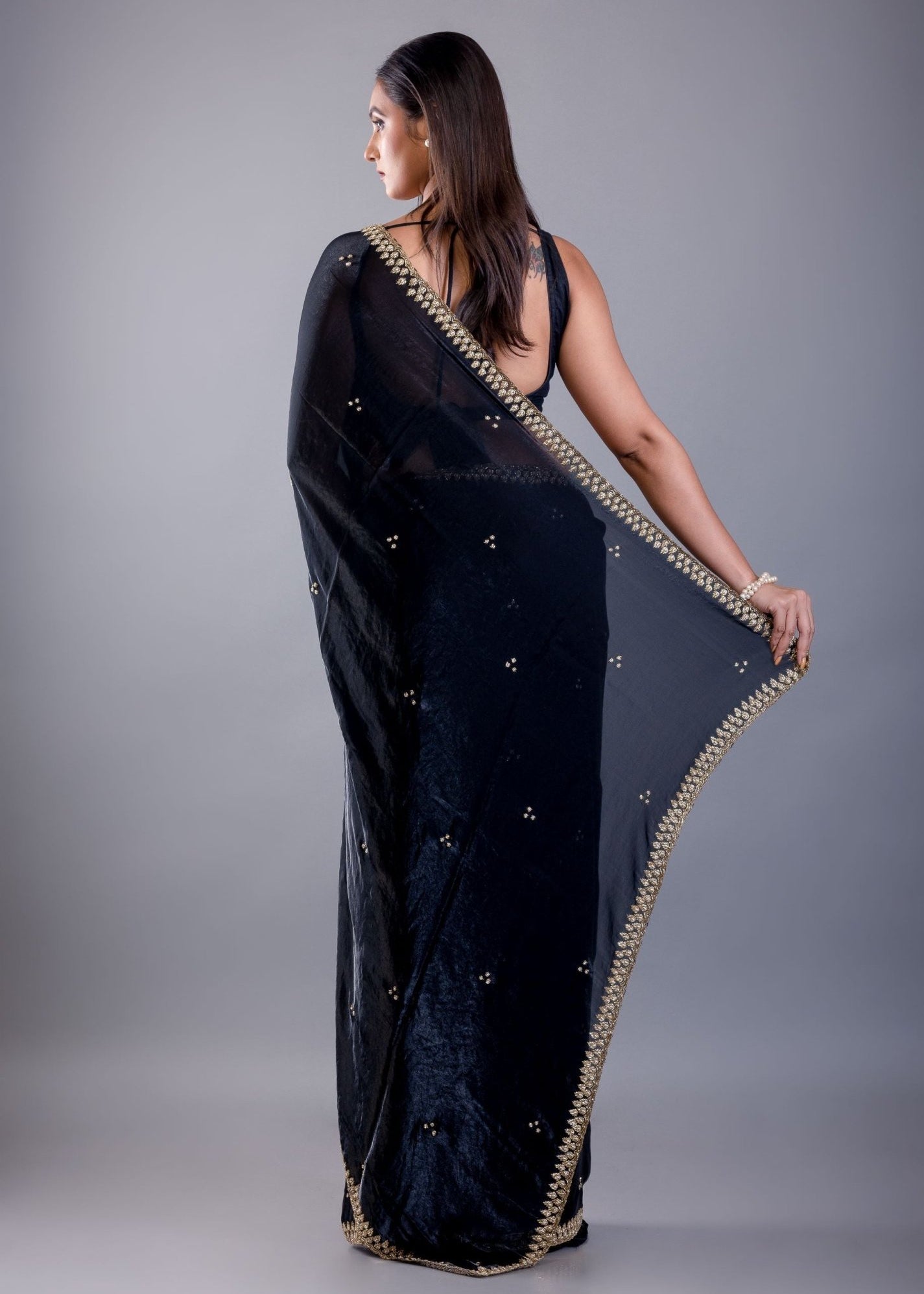 Deep Blue Satin Silk Saree with Hand Embroidered Cutdana Embellishment - Anvi Couture