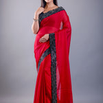 Red Jimmy Choo Saree with Black Stone Emblishment Border - Anvi Couture