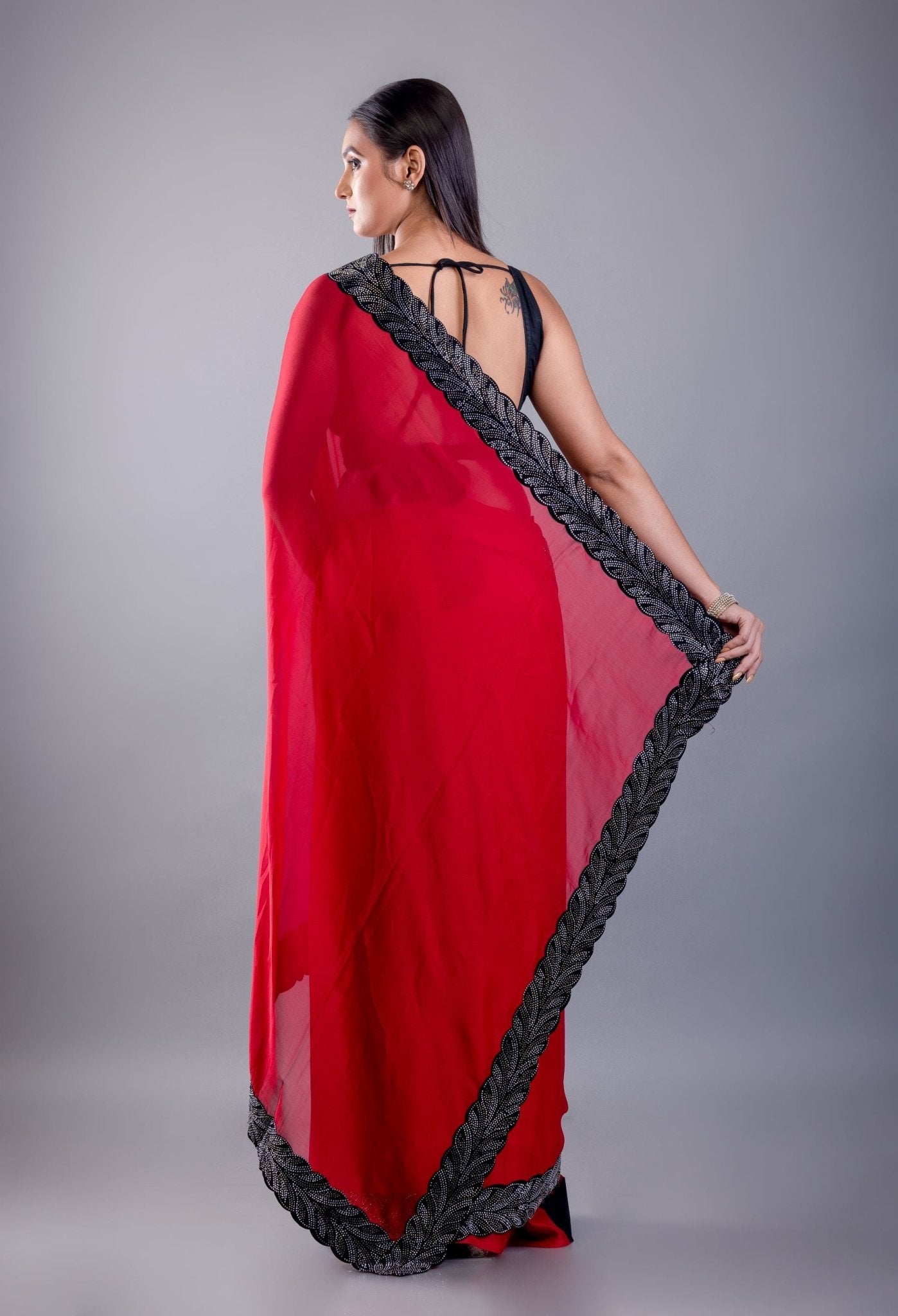 Red Jimmy Choo Saree with Black Stone Emblishment Border - Anvi Couture