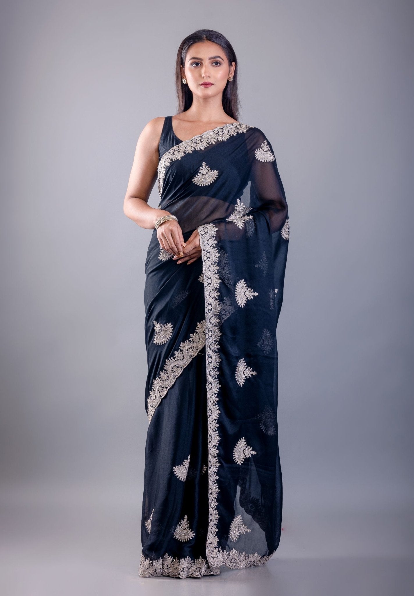 Black Jimmy Choo Saree with White Embroidered Emblishment - Anvi Couture