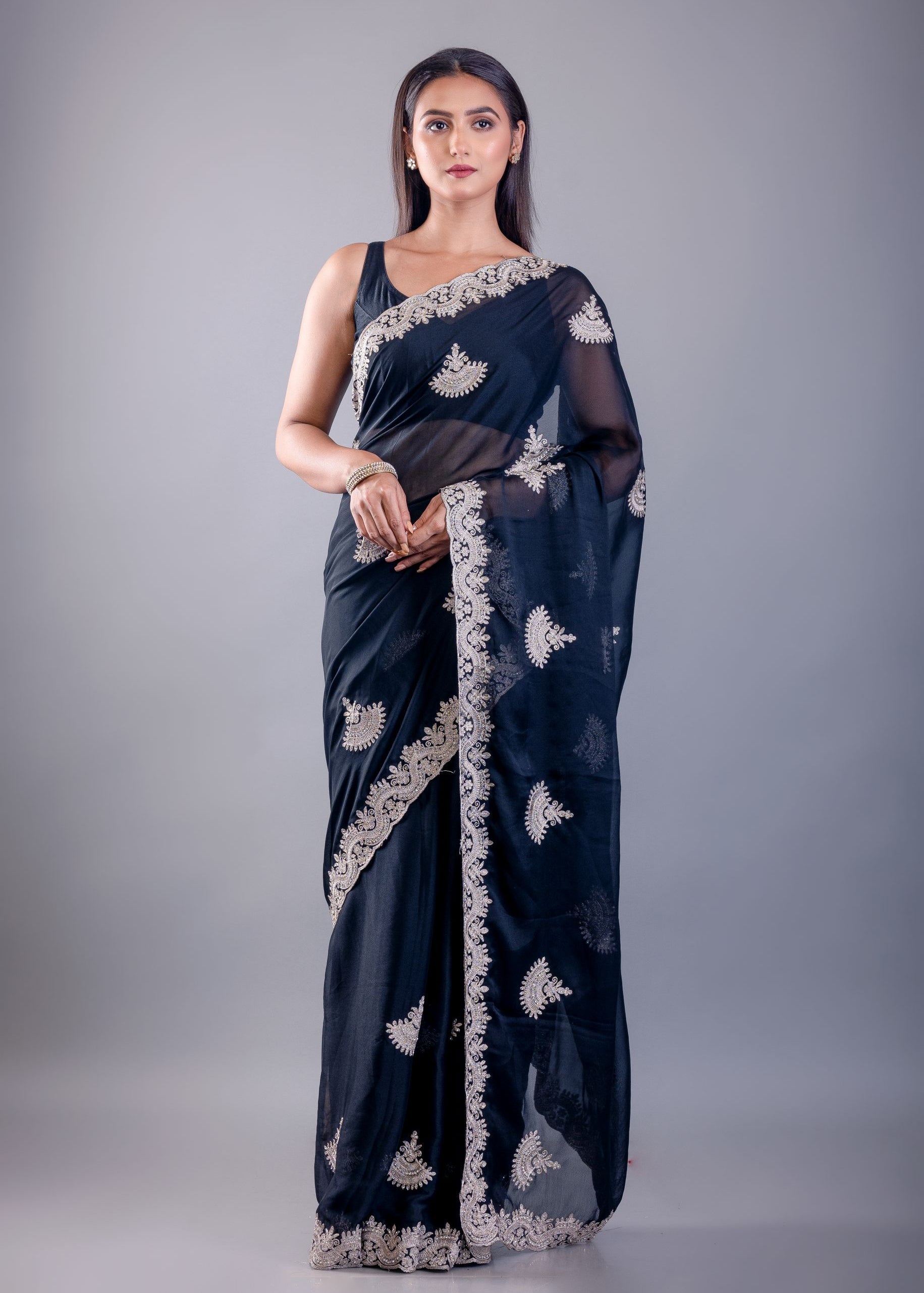 Black Jimmy Choo Saree with White Embroidered Emblishment - Image 1
