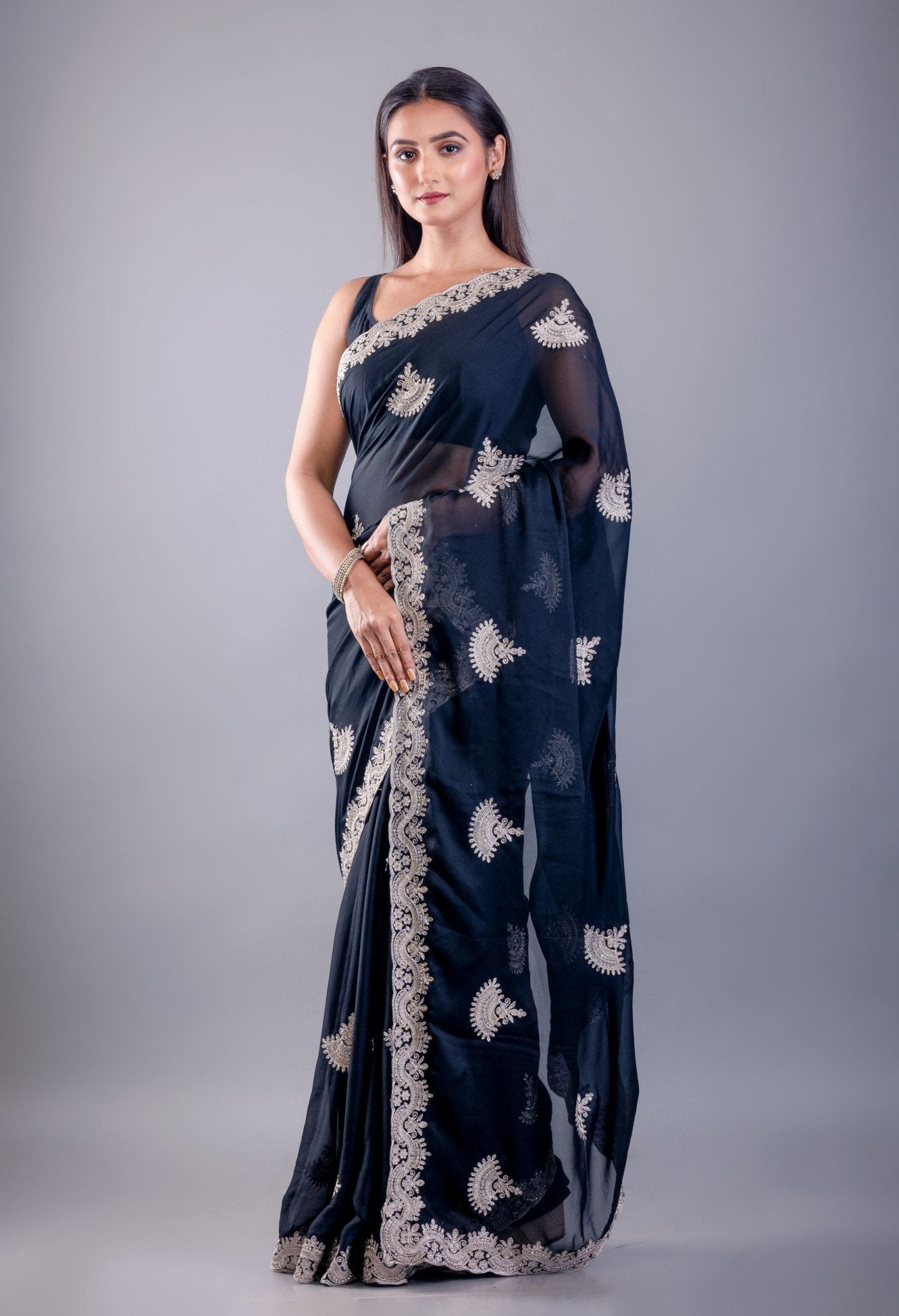 Black Jimmy Choo Saree with White Embroidered Emblishment - Anvi Couture