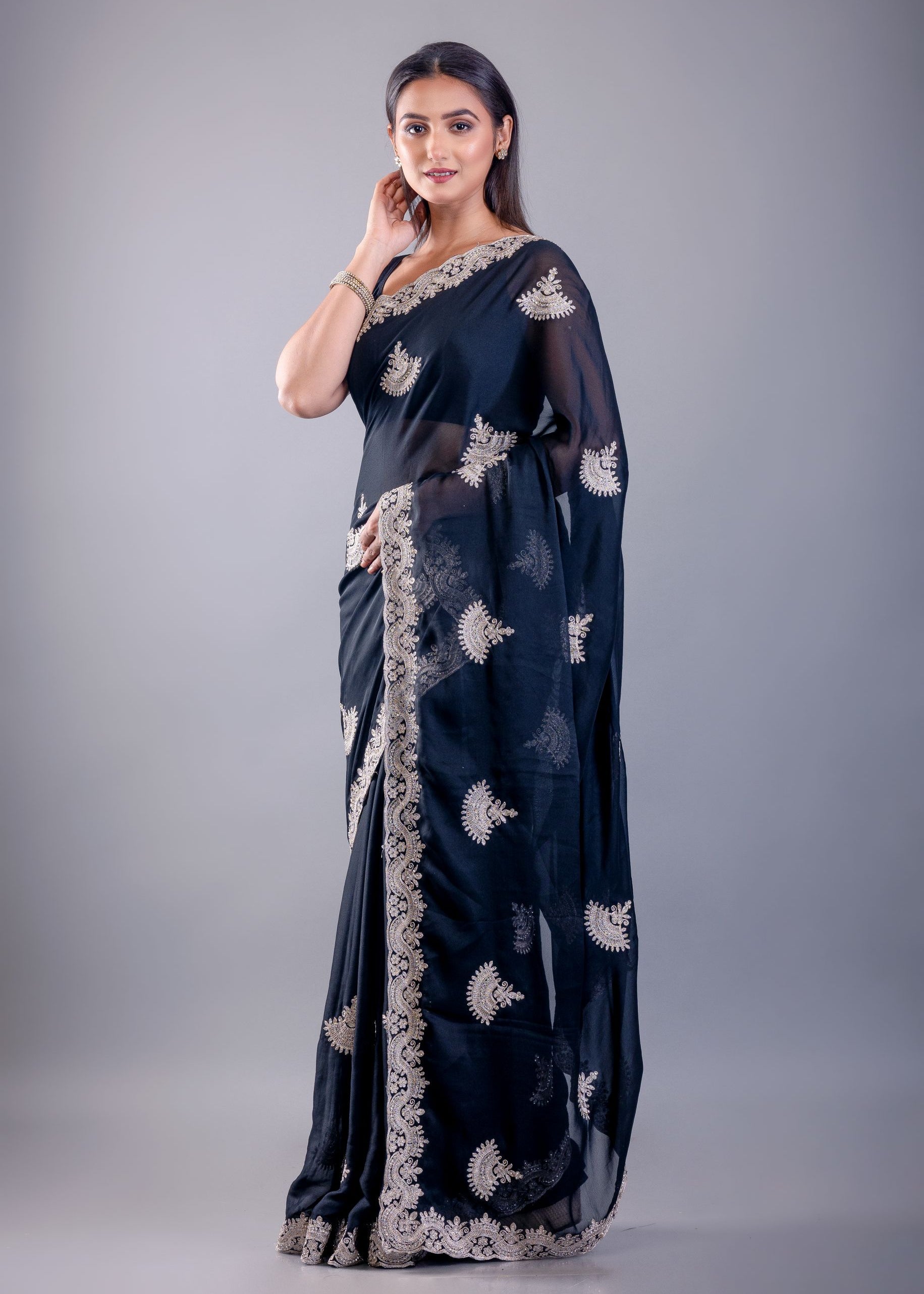 Black Jimmy Choo Saree with White Embroidered Emblishment - Image 3