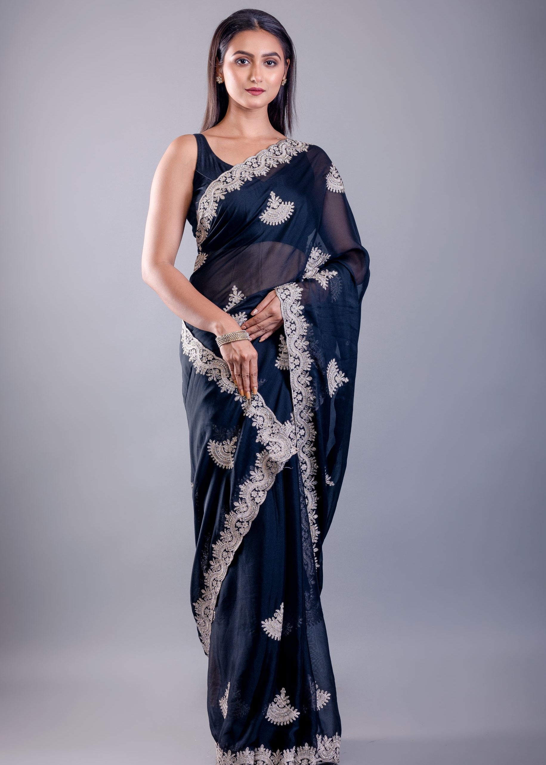 Black Jimmy Choo Saree with White Embroidered Emblishment - Image 4