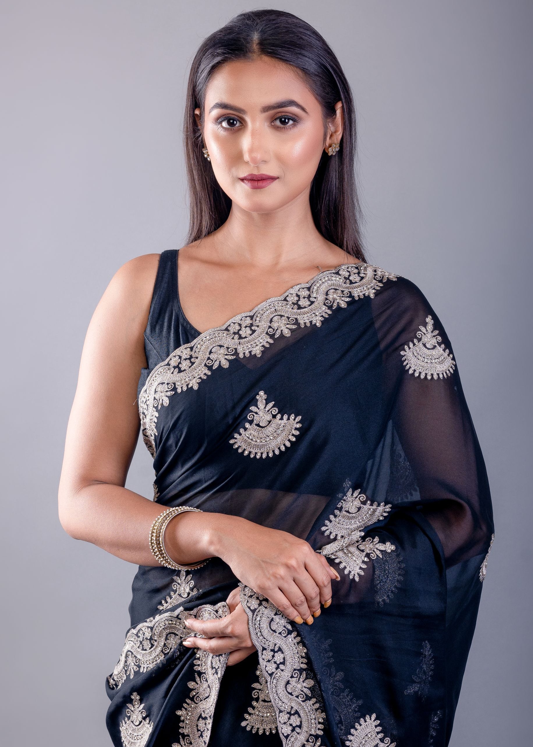 Black Jimmy Choo Saree with White Embroidered Emblishment - Image 5