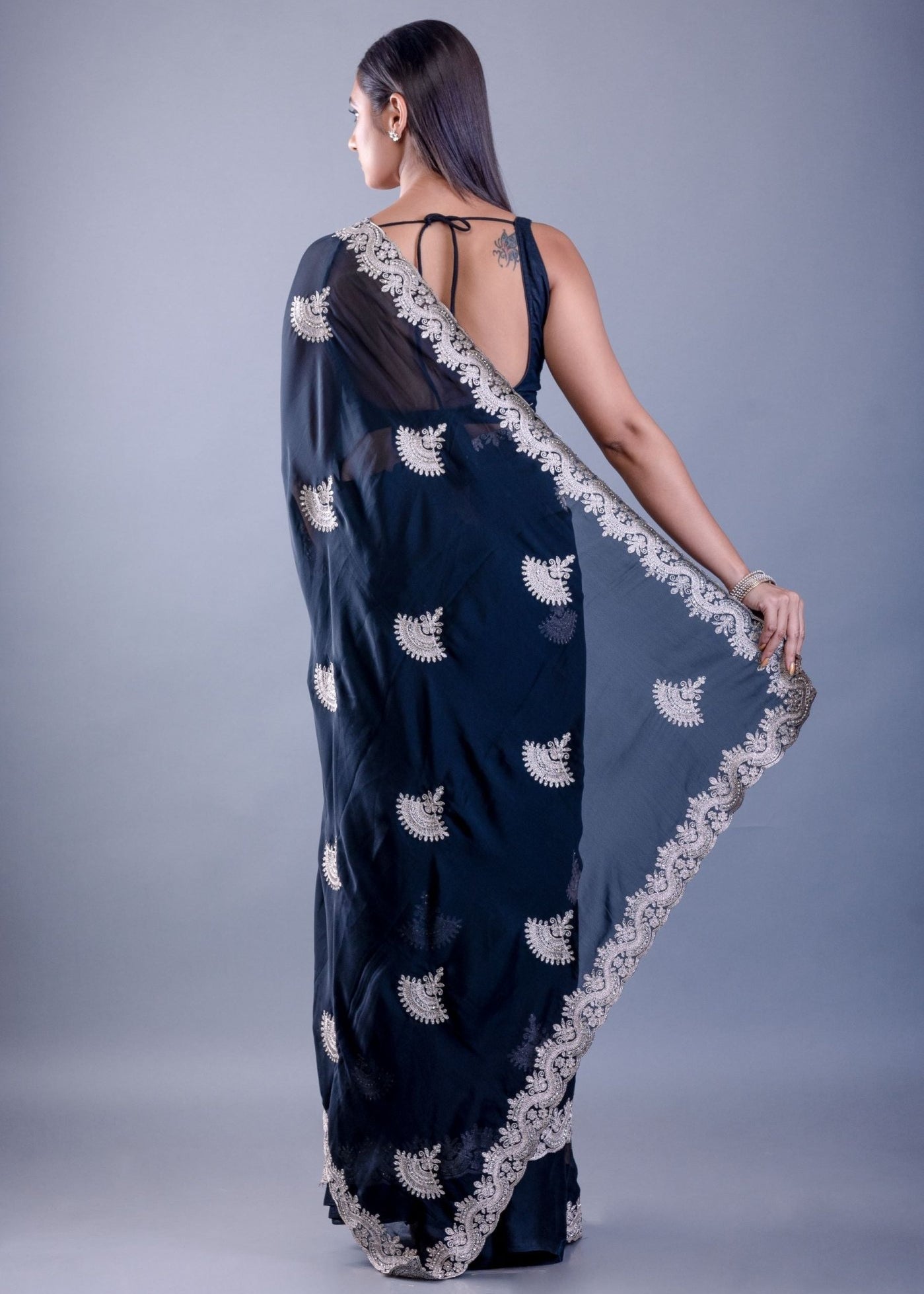 Black Jimmy Choo Saree with White Embroidered Emblishment - Anvi Couture