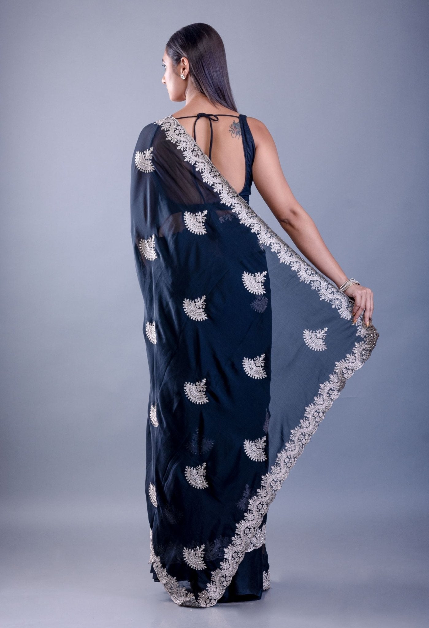 Black Jimmy Choo Saree with White Embroidered Emblishment - Anvi Couture
