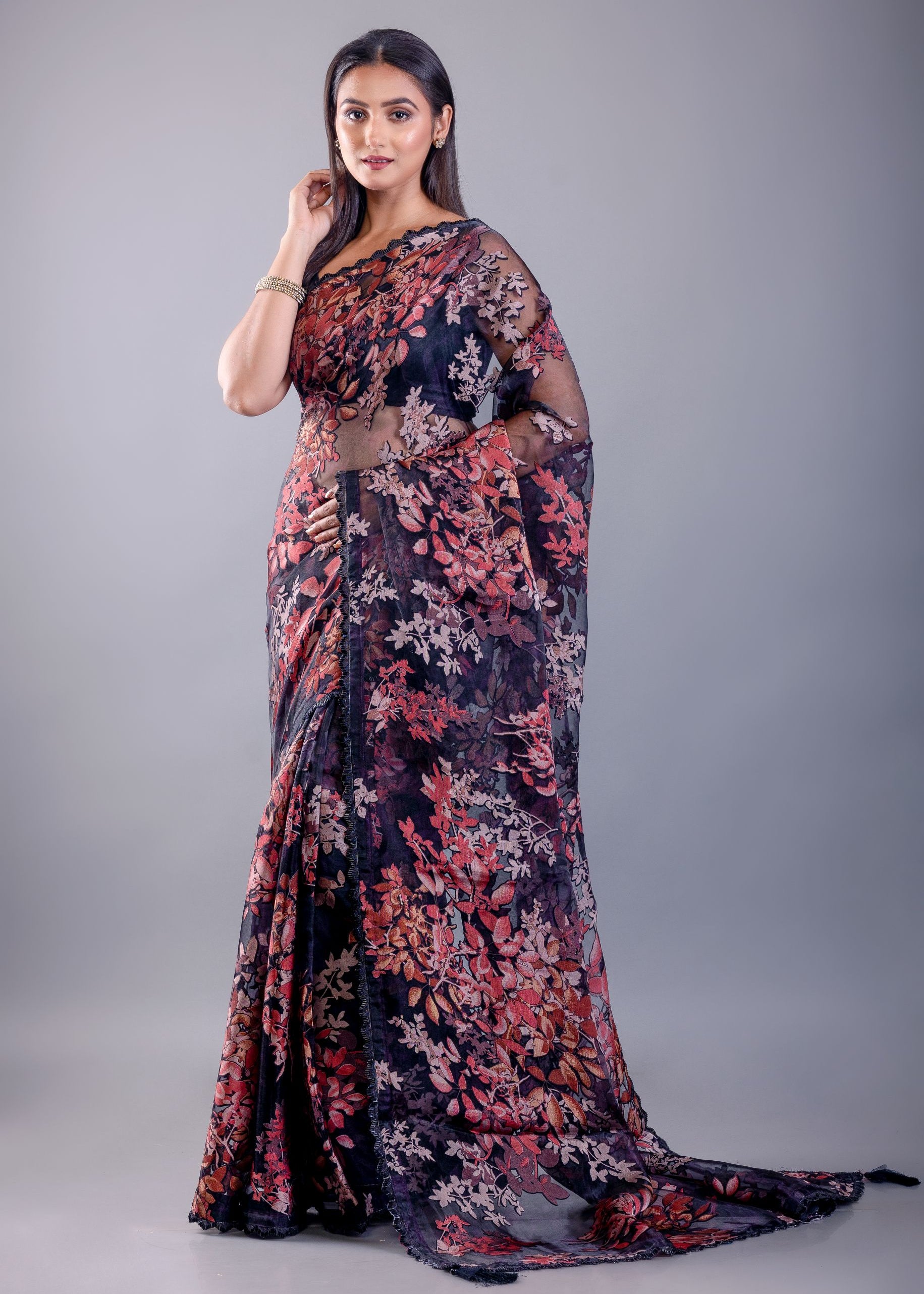 Black Floral  Glass Tissue Saree  - Image 1