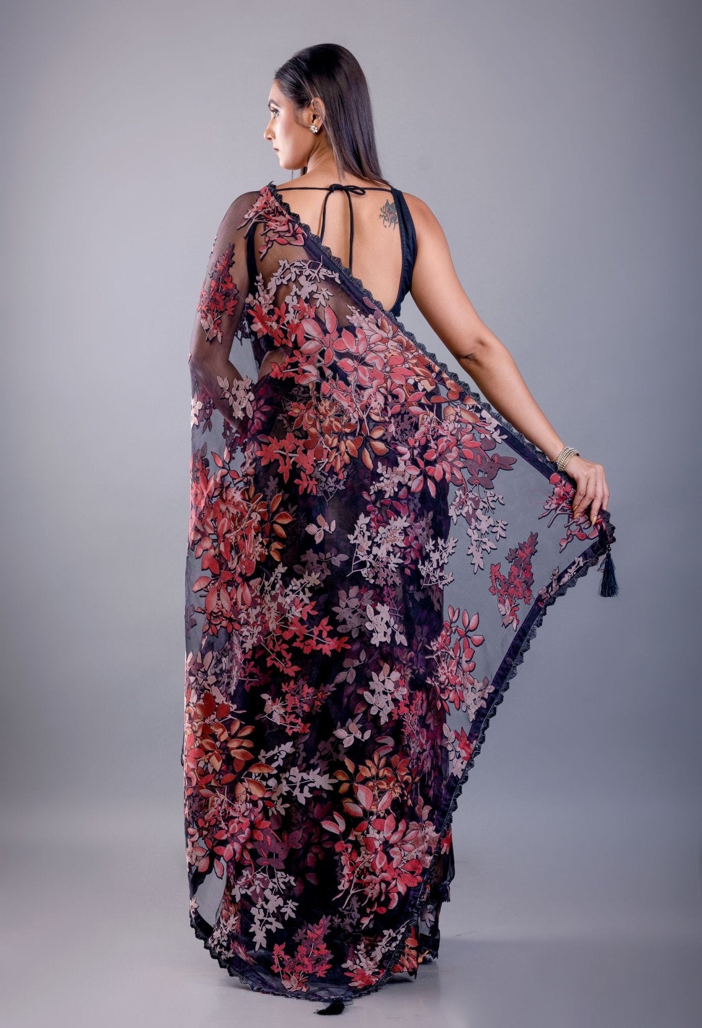 Black Floral Glass Tissue Saree - Anvi Couture