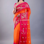 Pink and Orange Ombre Tant Jamdani with Floral Motifs - Anvi Couture